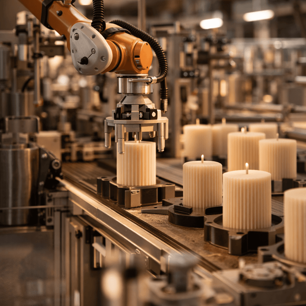 Automated candle manufacturing with robotic arm